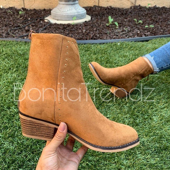 Tan Studded Vegan Suede Ankle Boots - Picture 4 of 4